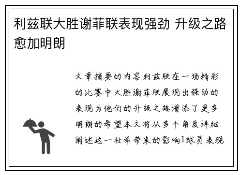 利兹联大胜谢菲联表现强劲 升级之路愈加明朗
