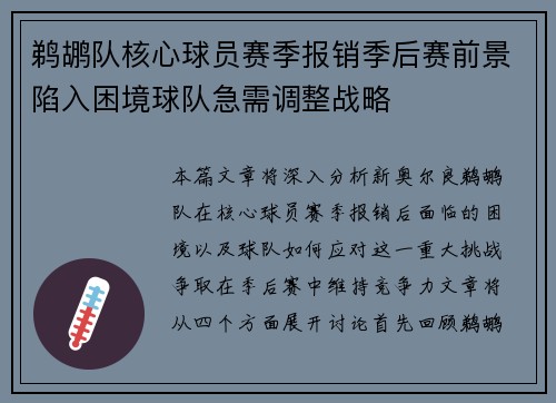 鹈鹕队核心球员赛季报销季后赛前景陷入困境球队急需调整战略